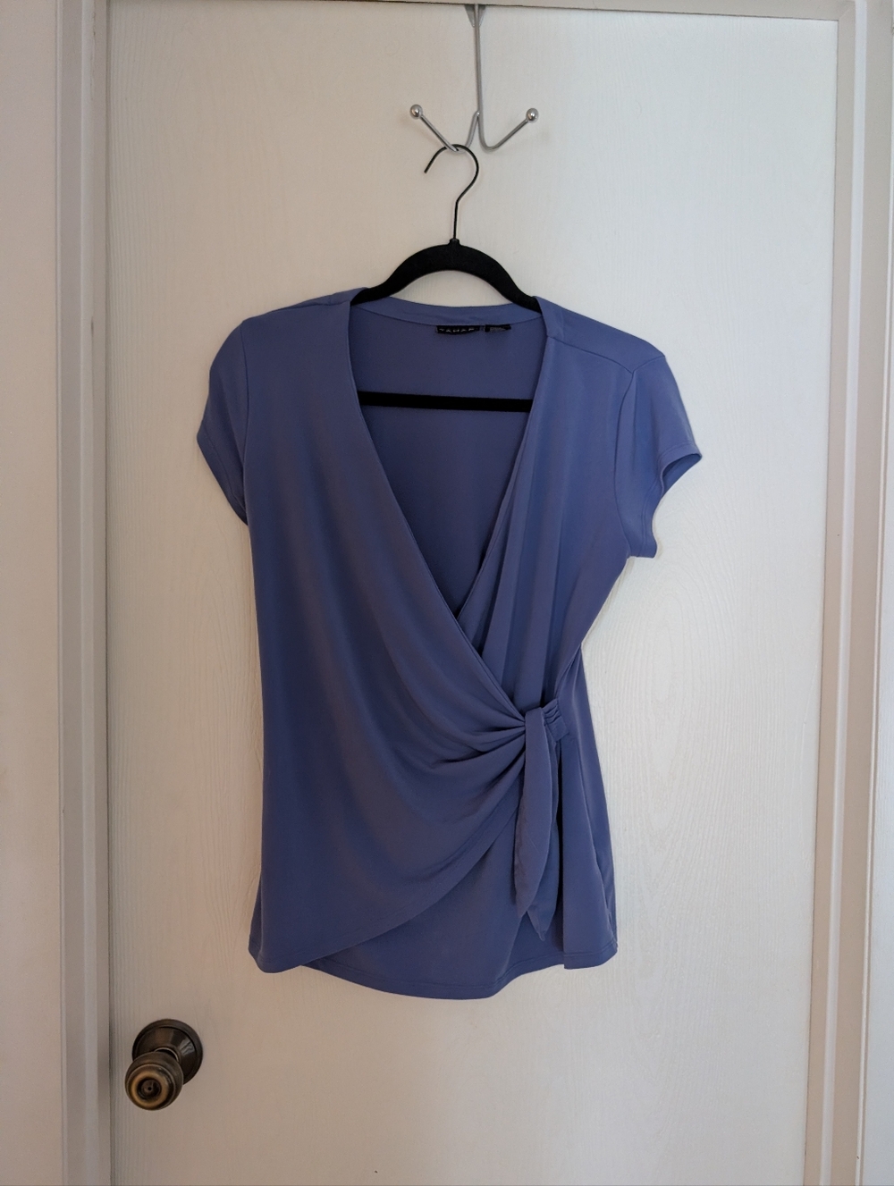 Tahari Size S Purple Faux Wrap Blouse